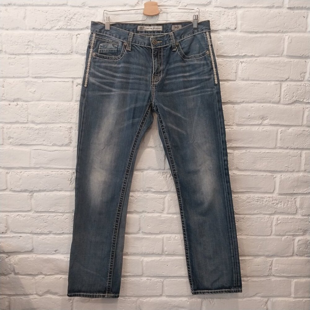 Buckle BKE Carter Jeans Mens 34 x 31.5 Blue Faded Straight Thick Stitch Whiskers